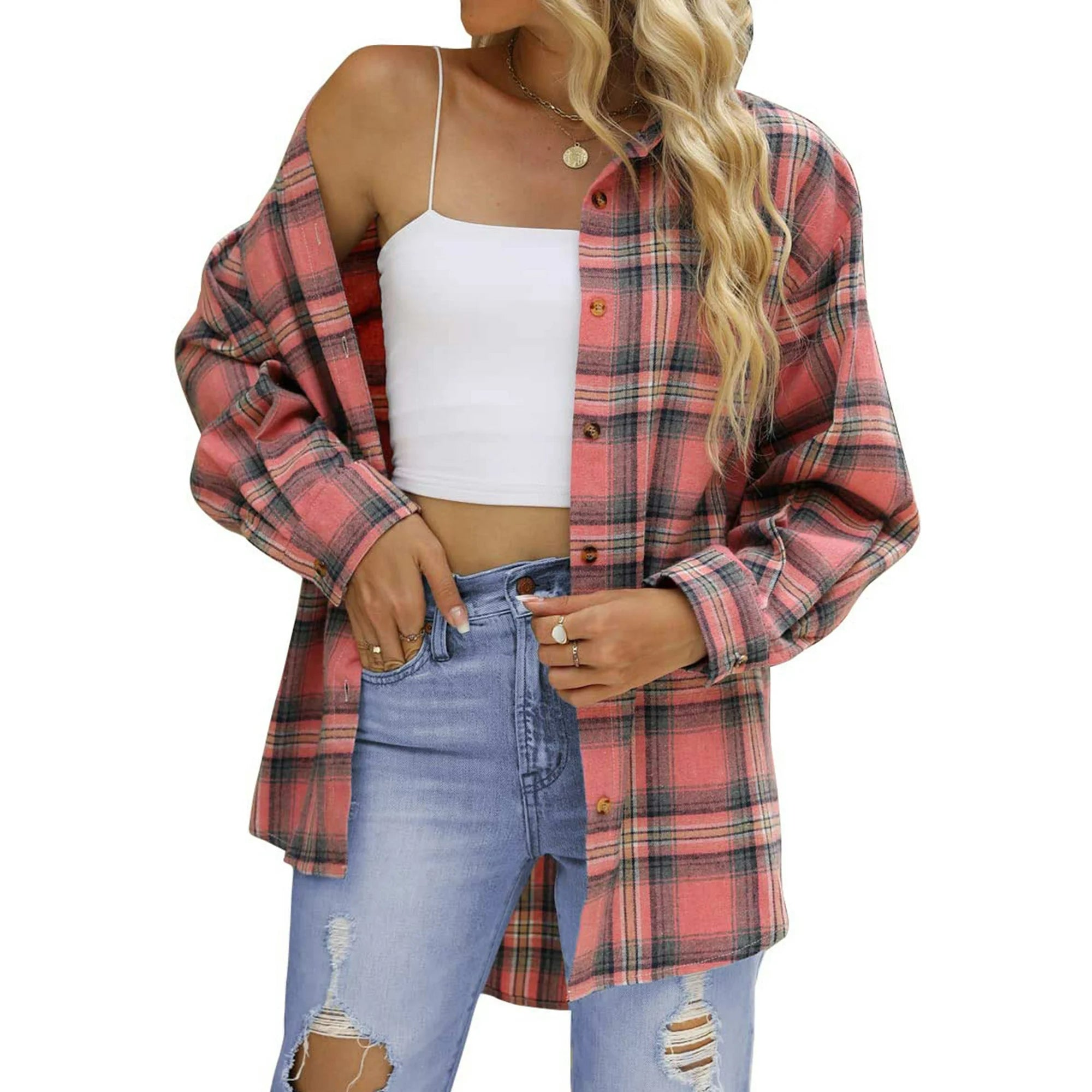 Fantaslook Women's Oversized Plaid Flannel Shirt – Long Sleeve Button-Down Blouse