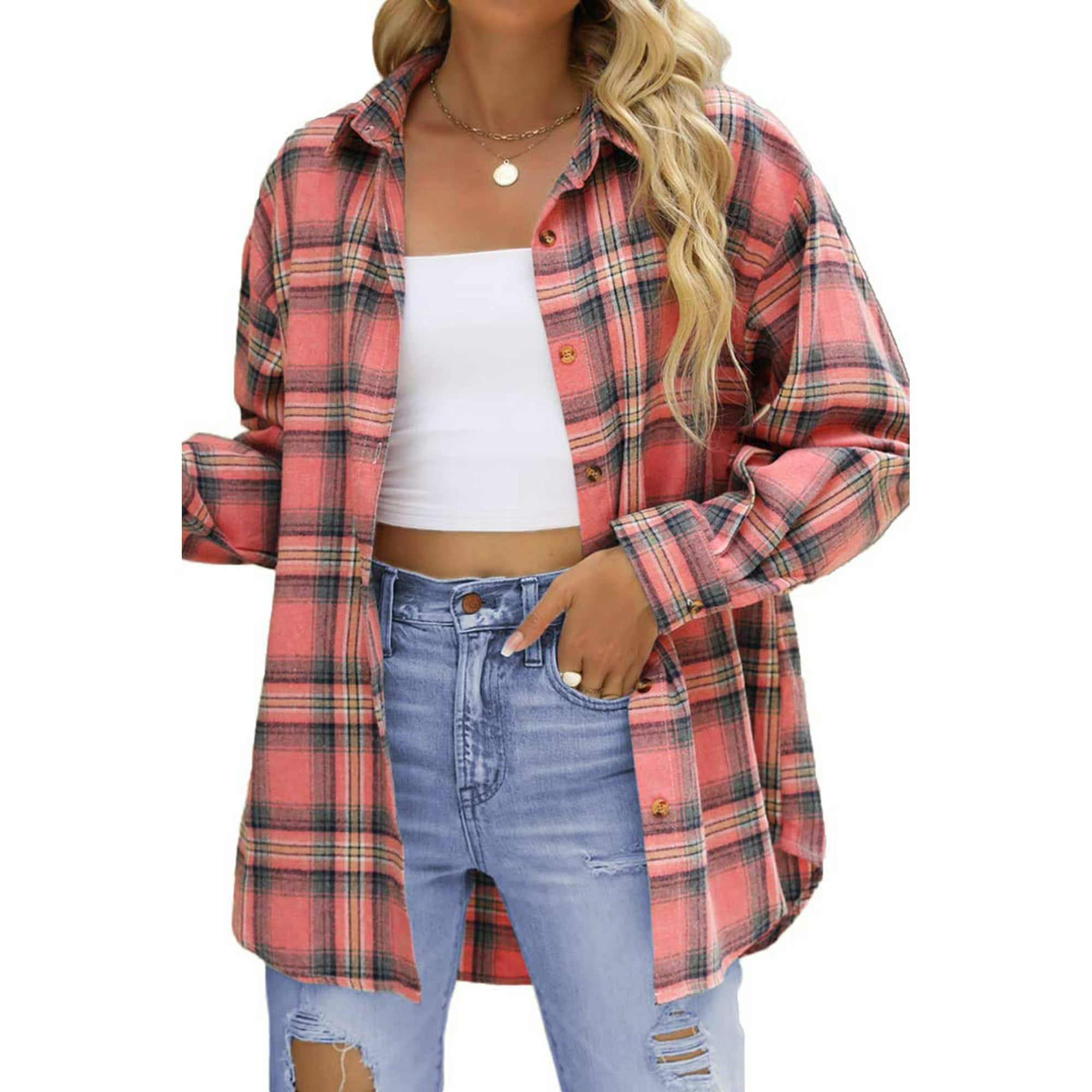 Fantaslook Women's Oversized Plaid Flannel Shirt – Long Sleeve Button-Down Blouse